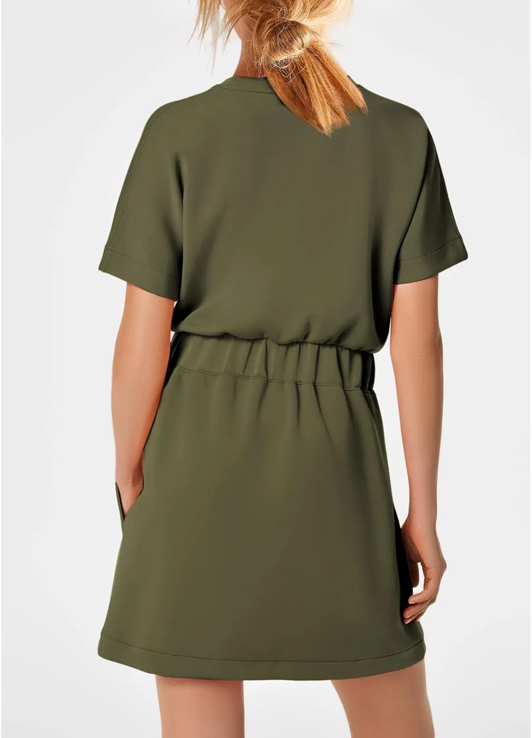SENSERISE Womens Short Sleeve T Shirt Dresses Crew Neck Solid Color Basic Smocked Waist Dress with Pockets