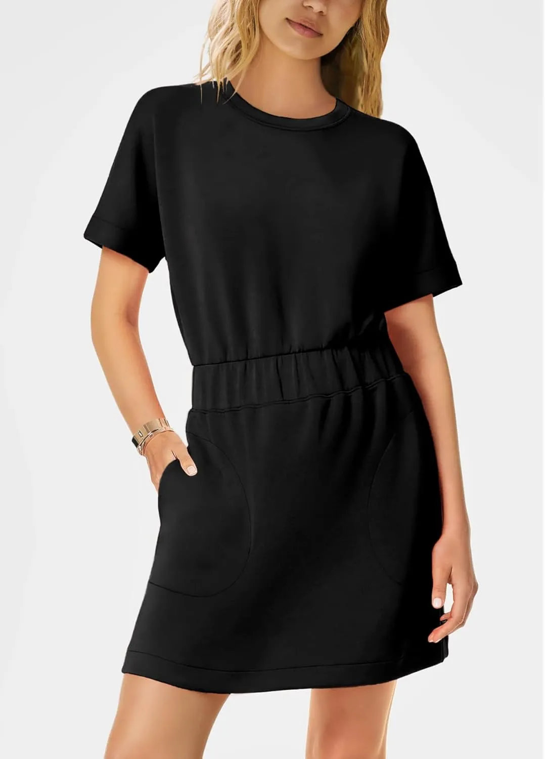 SENSERISE Womens Short Sleeve T Shirt Dresses Crew Neck Solid Color Basic Smocked Waist Dress with Pockets