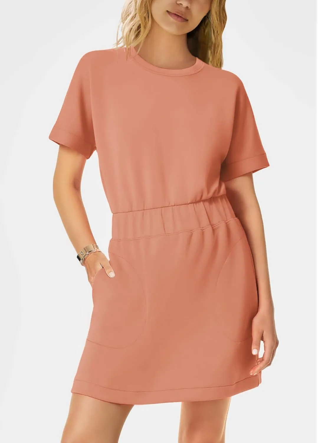 SENSERISE Womens Short Sleeve T Shirt Dresses Crew Neck Solid Color Basic Smocked Waist Dress with Pockets