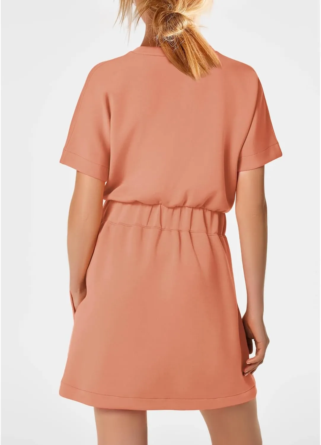SENSERISE Womens Short Sleeve T Shirt Dresses Crew Neck Solid Color Basic Smocked Waist Dress with Pockets