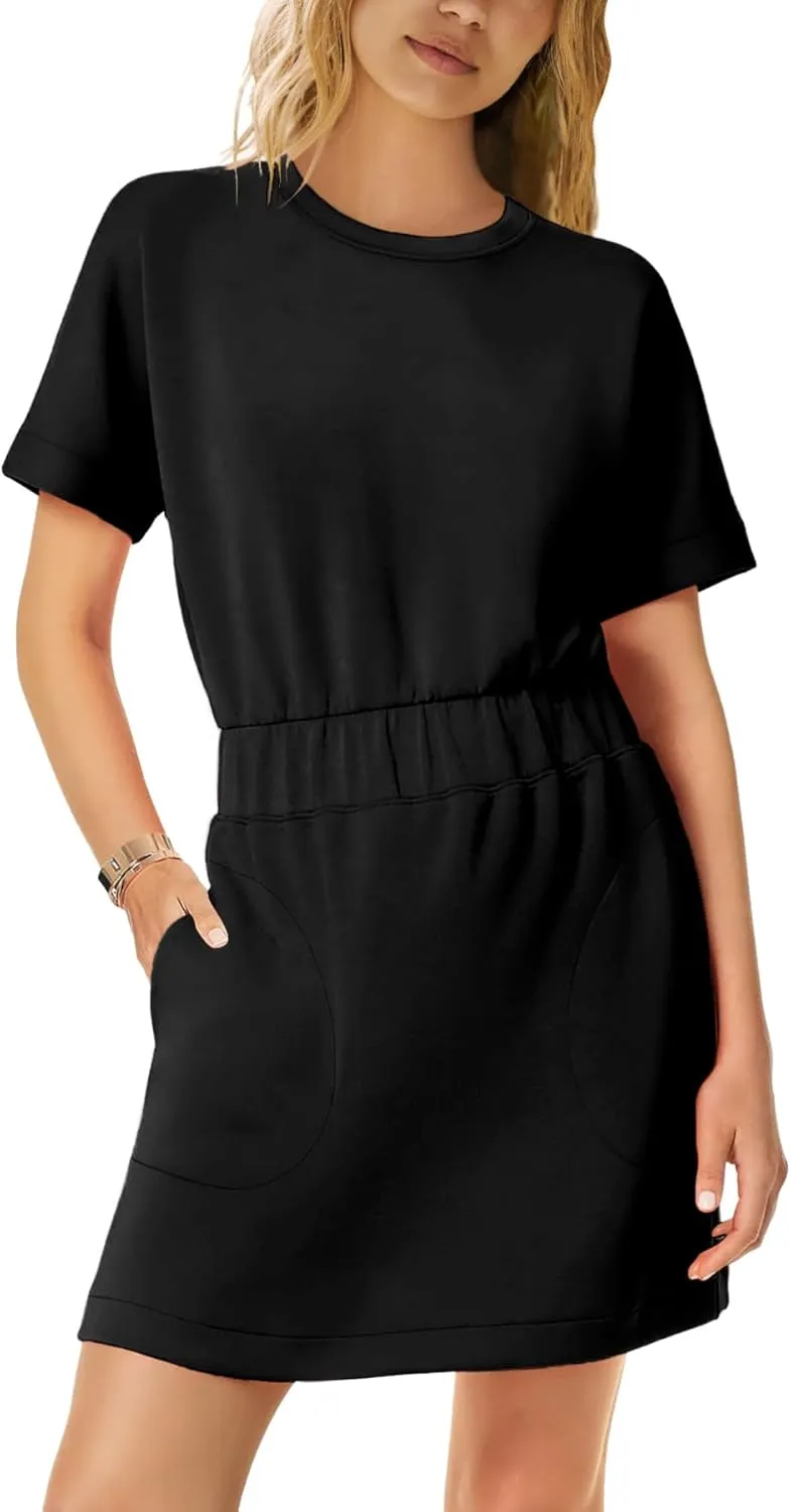 SENSERISE Womens Short Sleeve T Shirt Dresses Crew Neck Solid Color Basic Smocked Waist Dress with Pockets