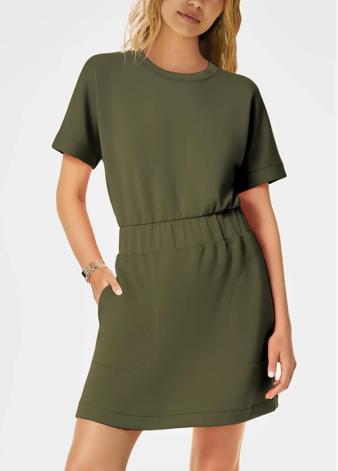 SENSERISE Womens Short Sleeve T Shirt Dresses Crew Neck Solid Color Basic Smocked Waist Dress with Pockets