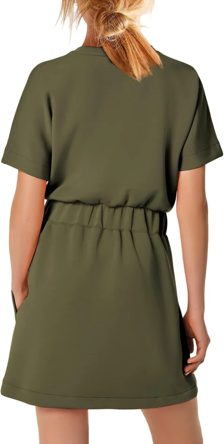 SENSERISE Womens Short Sleeve T Shirt Dresses Crew Neck Solid Color Basic Smocked Waist Dress with Pockets
