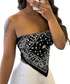 Sexy Crop Tops for Women Paisley Party Club Cothes Strapless Stretchy Bandeau Tube Tops Smocked Bandana Top