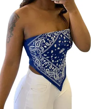 Sexy Crop Tops for Women Paisley Party Club Cothes Strapless Stretchy Bandeau Tube Tops Smocked Bandana Top