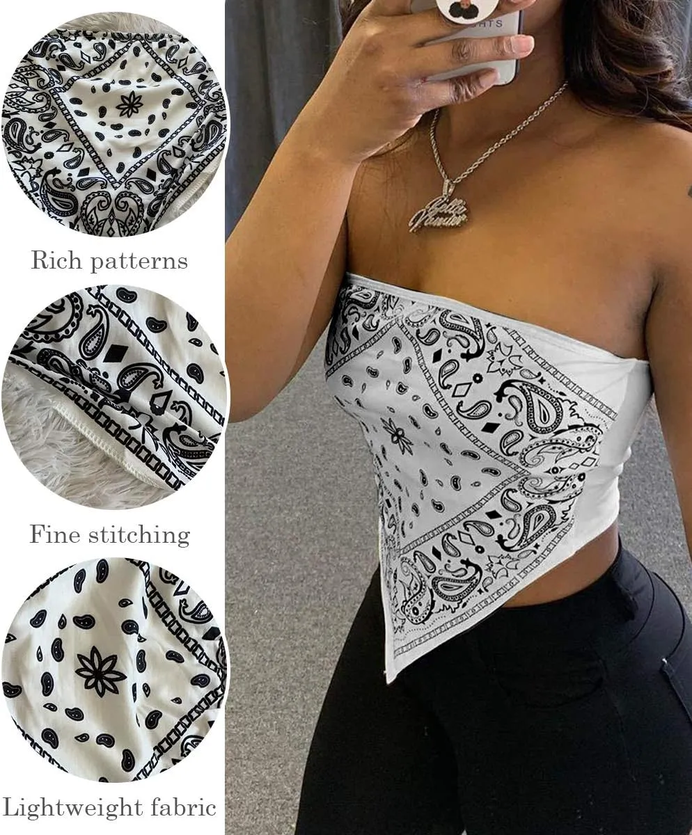 Sexy Crop Tops for Women Paisley Party Club Cothes Strapless Stretchy Bandeau Tube Tops Smocked Bandana Top