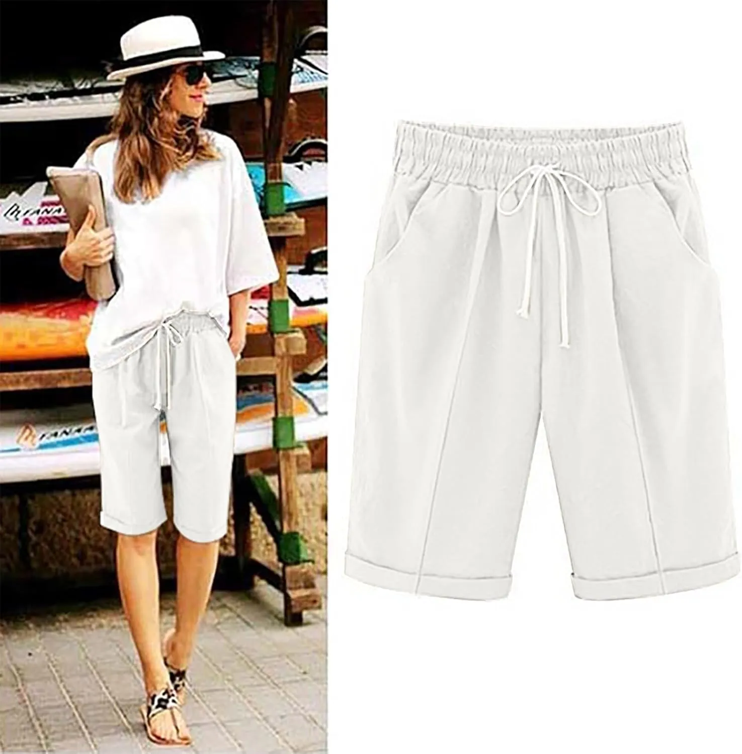 Straight Leg Shorts for Women Cotton Linen Drawstring Elastic Waist Short Pants Casual Leisure Comfy Bermuda Shorts