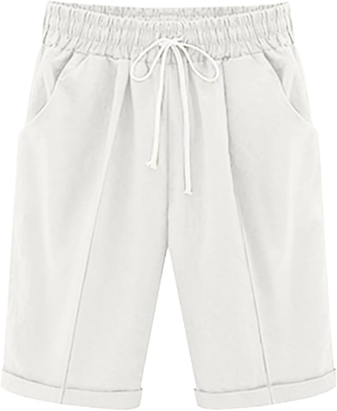 Straight Leg Shorts for Women Cotton Linen Drawstring Elastic Waist Short Pants Casual Leisure Comfy Bermuda Shorts