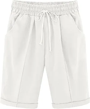 Straight Leg Shorts for Women Cotton Linen Drawstring Elastic Waist Short Pants Casual Leisure Comfy Bermuda Shorts