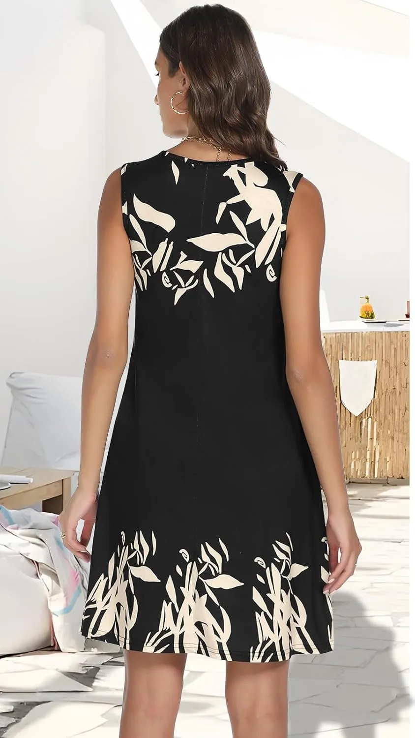 Summer Dresses for Women Casual Sleeveless Sundress Floral Loose Fit Beach Cover Up with Pocket