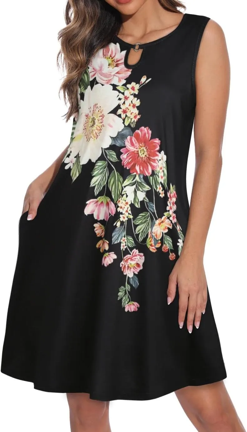 Summer Dresses for Women Casual Sleeveless Sundress Floral Loose Fit Beach Cover Up with Pocket