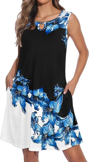 Summer Dresses for Women Casual Sleeveless Sundress Floral Loose Fit Beach Cover Up with Pocket