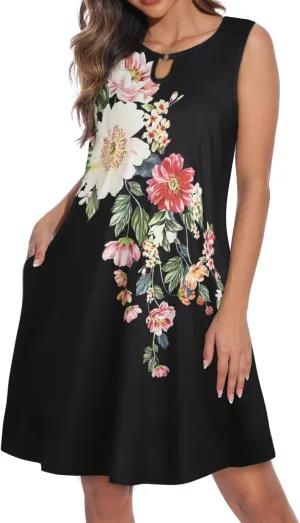 Summer Dresses for Women Casual Sleeveless Sundress Floral Loose Fit Beach Cover Up with Pocket