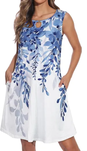 Summer Dresses for Women Casual Sleeveless Sundress Floral Loose Fit Beach Cover Up with Pocket