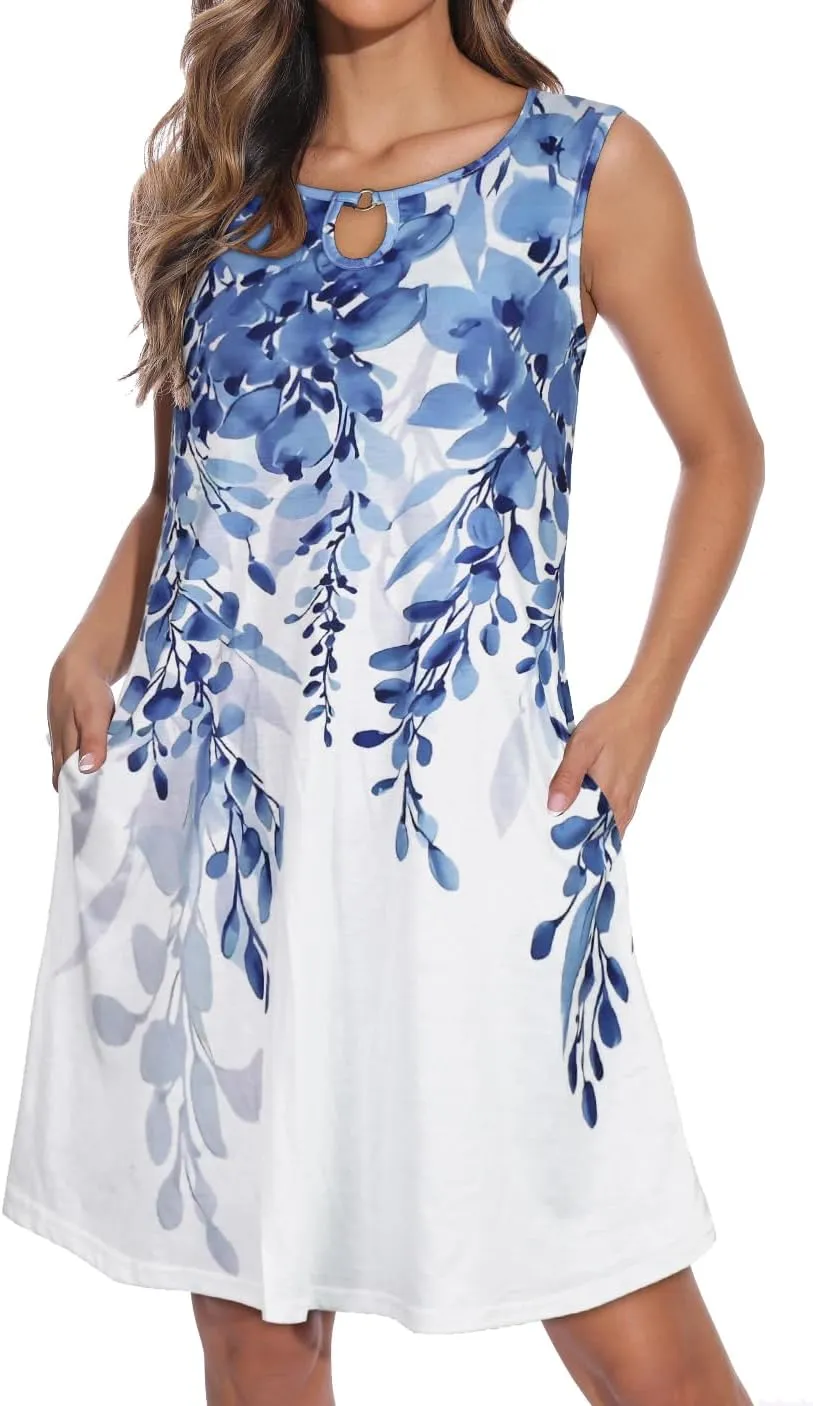 Summer Dresses for Women Casual Sleeveless Sundress Floral Loose Fit Beach Cover Up with Pocket