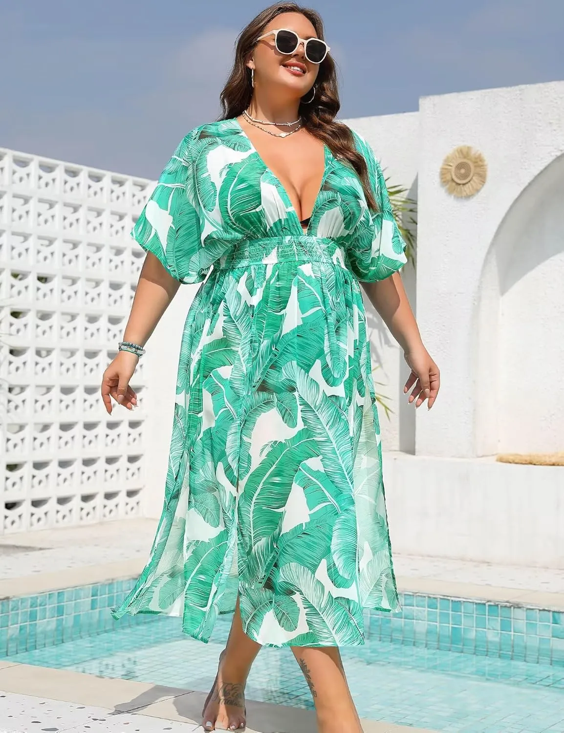 SWOMOG Women Plus Size Swimsuit Cover Up Bikini Bathing Suit Sexy Deep V Neck Swim Beach Dresses Summer Beachwear