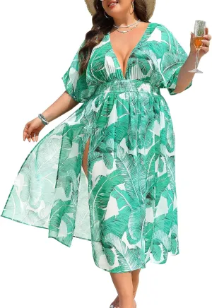 SWOMOG Women Plus Size Swimsuit Cover Up Bikini Bathing Suit Sexy Deep V Neck Swim Beach Dresses Summer Beachwear