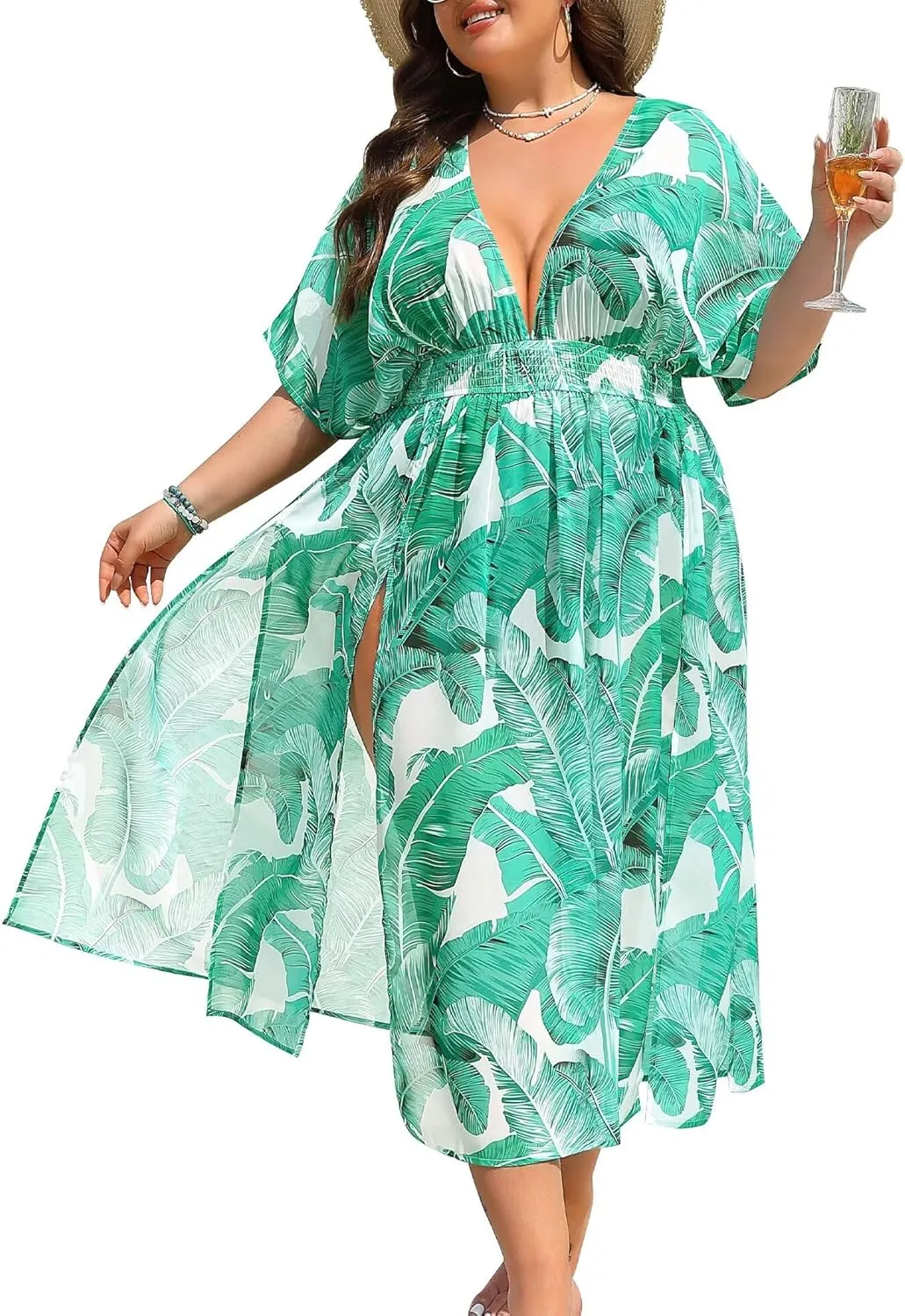 SWOMOG Women Plus Size Swimsuit Cover Up Bikini Bathing Suit Sexy Deep V Neck Swim Beach Dresses Summer Beachwear