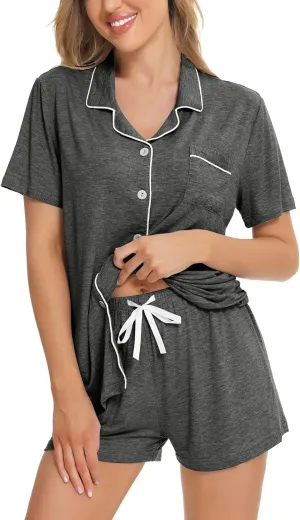 SWOMOG Womens Button Down Pajamas Set Short Sleeve Sleepwear Bride Soft Pj Lounge Sets XS-3XL