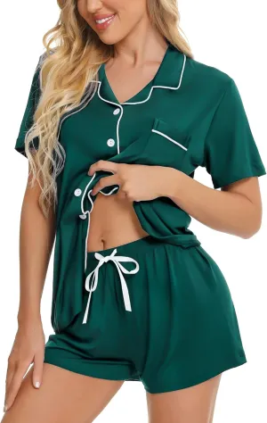 SWOMOG Womens Button Down Pajamas Set Short Sleeve Sleepwear Bride Soft Pj Lounge Sets XS-3XL