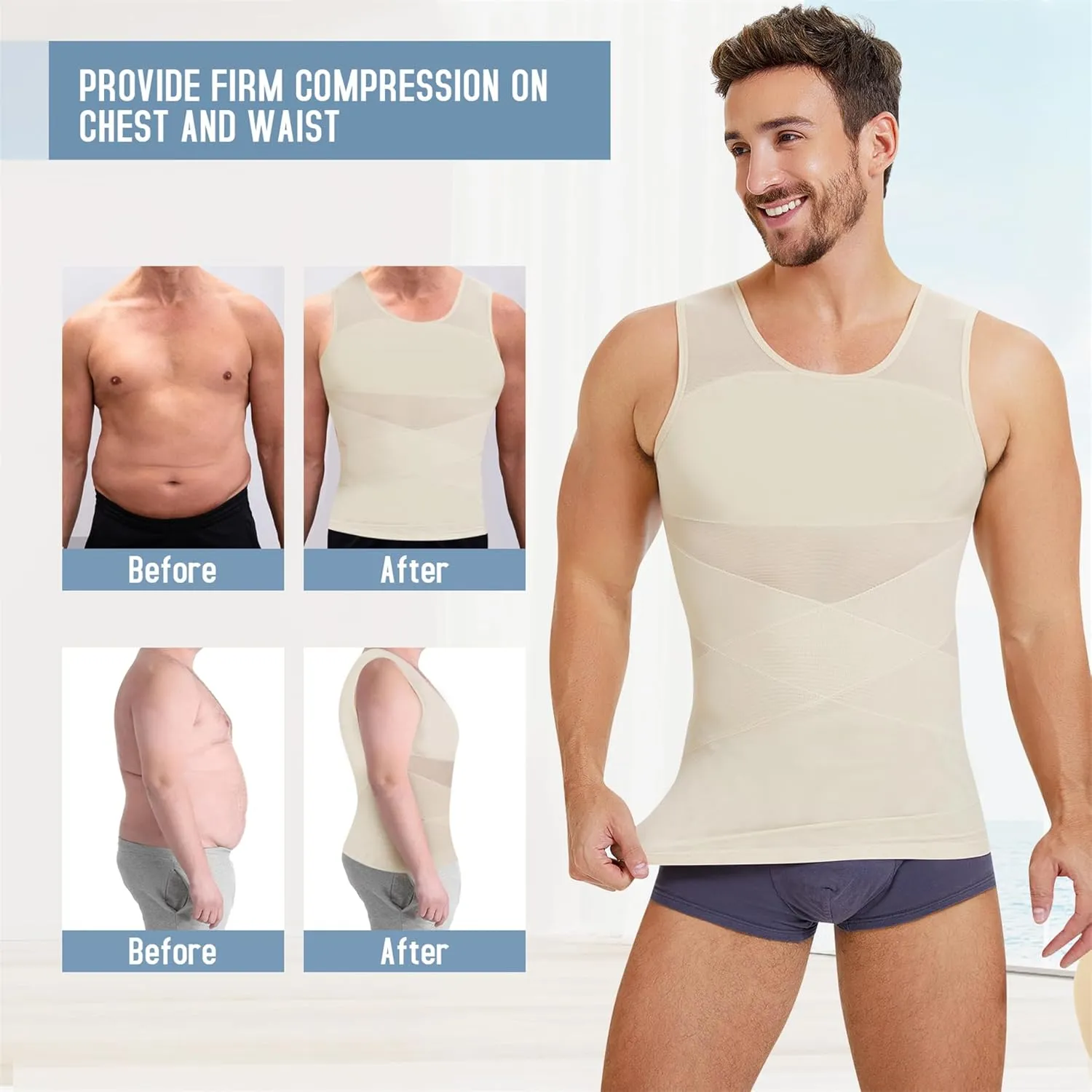 TAILONG Men's Compression Shirt for Body Shaper Slimming Vest Tight Tummy Underwear Tank Top