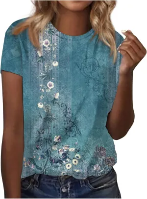 Tops for Women Trendy Casual Round Neck Short Sleeve Top Floral Print Tees Vintage Shirt Loose Lightweight Blouses