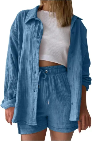 Two Piece Sets for Women Long Sleeve T Shirt Drawstring High Waisted Shorts Casual Summer Beach Vacation Short Sets
