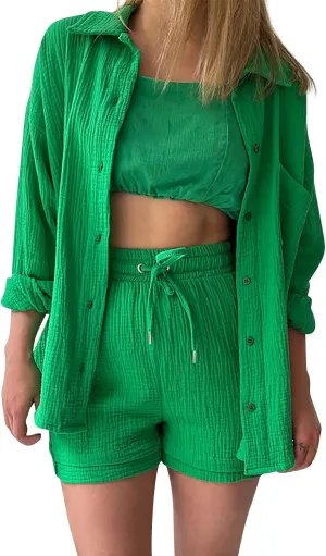 Two Piece Sets for Women Long Sleeve T Shirt Drawstring High Waisted Shorts Casual Summer Beach Vacation Short Sets