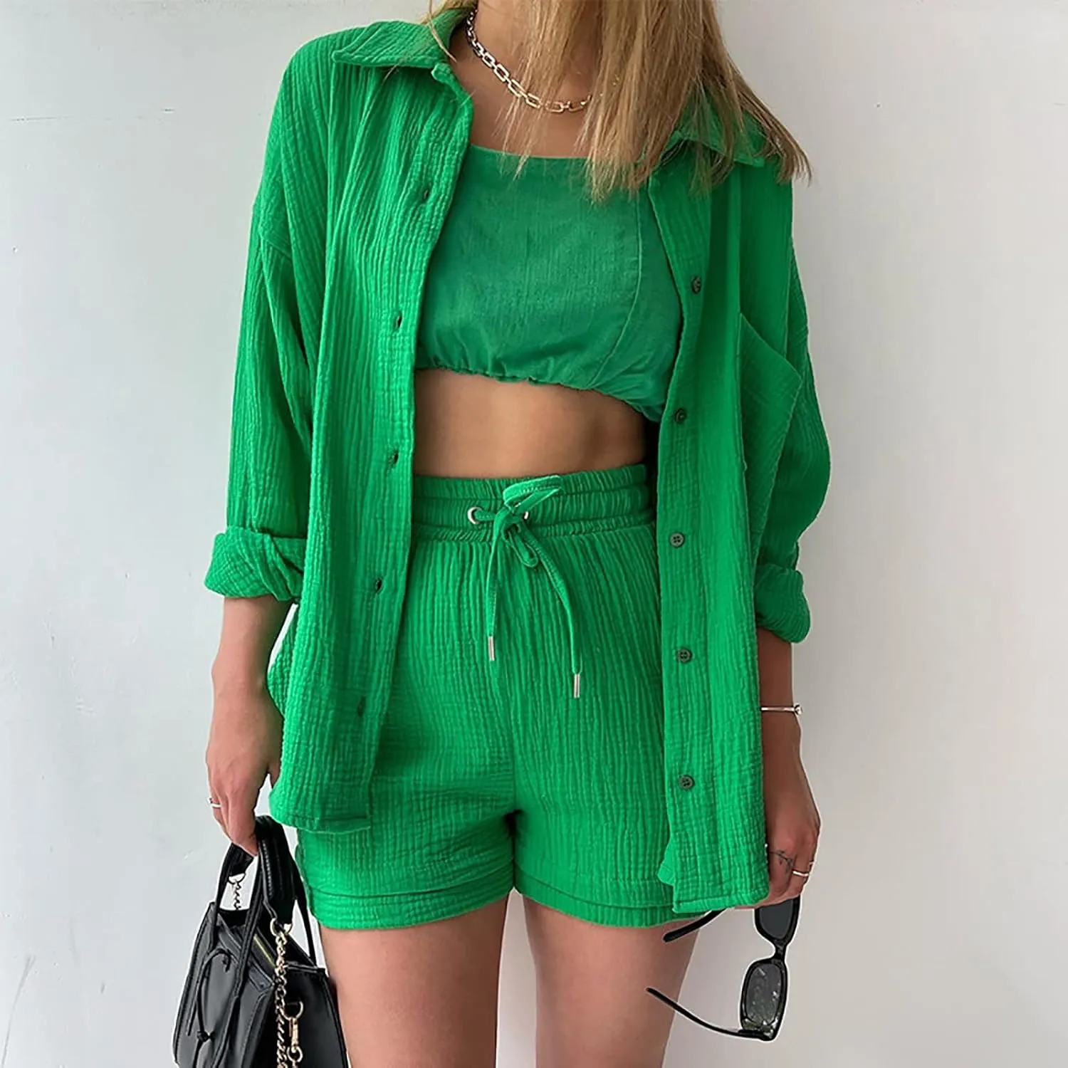 Two Piece Sets for Women Long Sleeve T Shirt Drawstring High Waisted Shorts Casual Summer Beach Vacation Short Sets