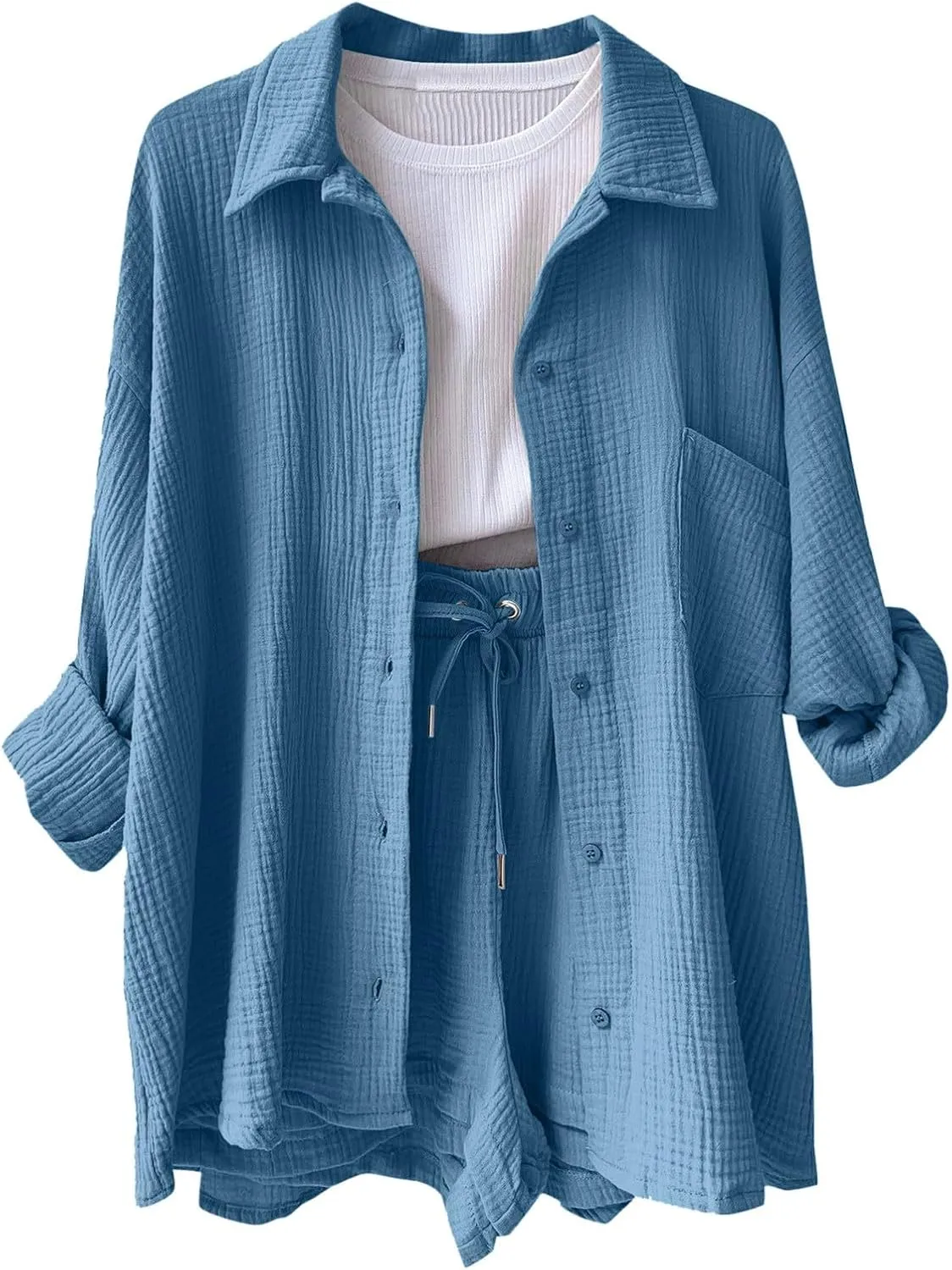 Two Piece Sets for Women Long Sleeve T Shirt Drawstring High Waisted Shorts Casual Summer Beach Vacation Short Sets