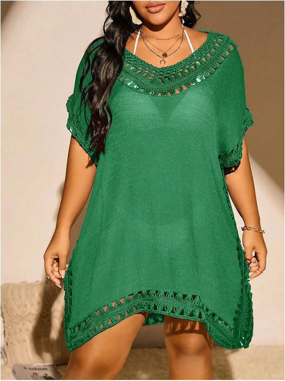 Verdusa Women's Plus Size Hollow Out Dolman Sleeve Beach Cover Up Dress Tunic Dress