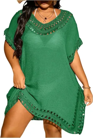 Verdusa Women's Plus Size Hollow Out Dolman Sleeve Beach Cover Up Dress Tunic Dress