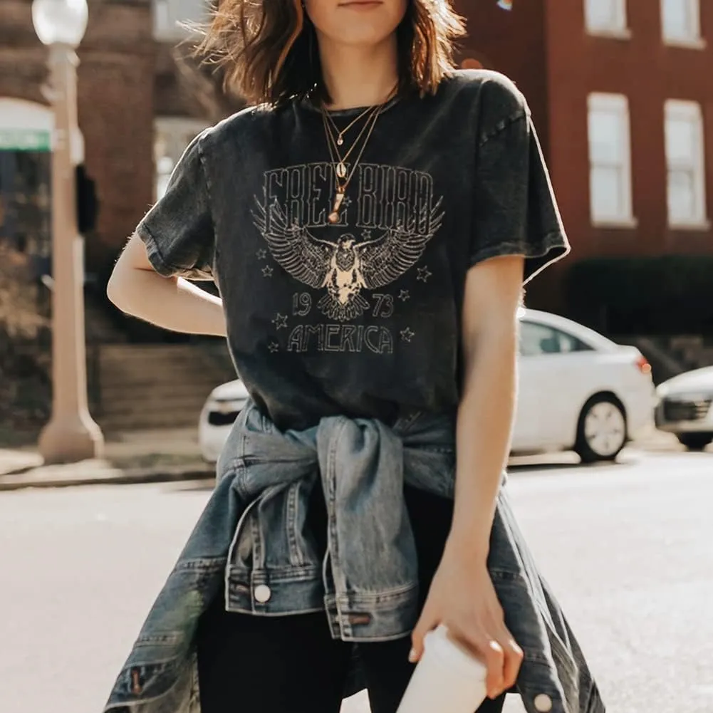Vintage Rock Band T-Shirts for Women Retro Free Bird Eagle Graphic Country Music Tees Casual Loose Short Sleeve Tops