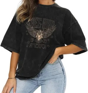 Vintage Rock Band T-Shirts for Women Retro Free Bird Eagle Graphic Country Music Tees Casual Loose Short Sleeve Tops