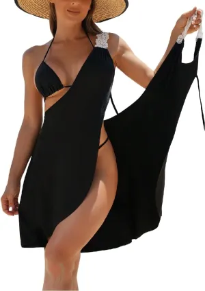 WDIRARA Women's Swimwear Wrap V Neck Criss Cross Tie Backless Cover Up Contrast Lace Sleeveless Halter Beach Dress