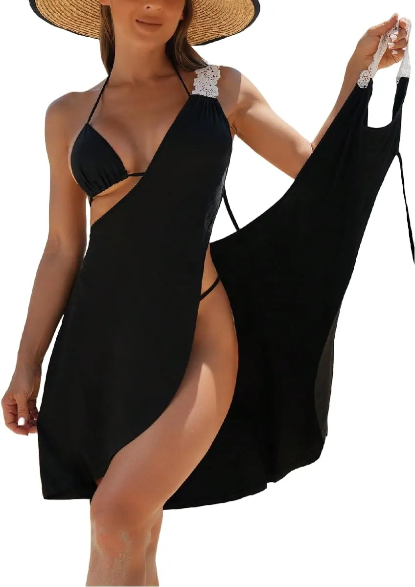 WDIRARA Women's Swimwear Wrap V Neck Criss Cross Tie Backless Cover Up Contrast Lace Sleeveless Halter Beach Dress