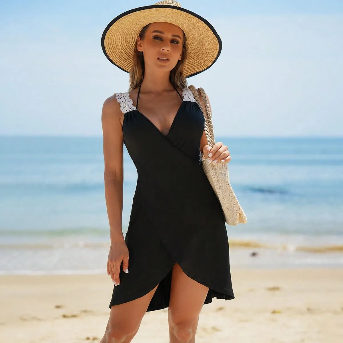 WDIRARA Women's Swimwear Wrap V Neck Criss Cross Tie Backless Cover Up Contrast Lace Sleeveless Halter Beach Dress