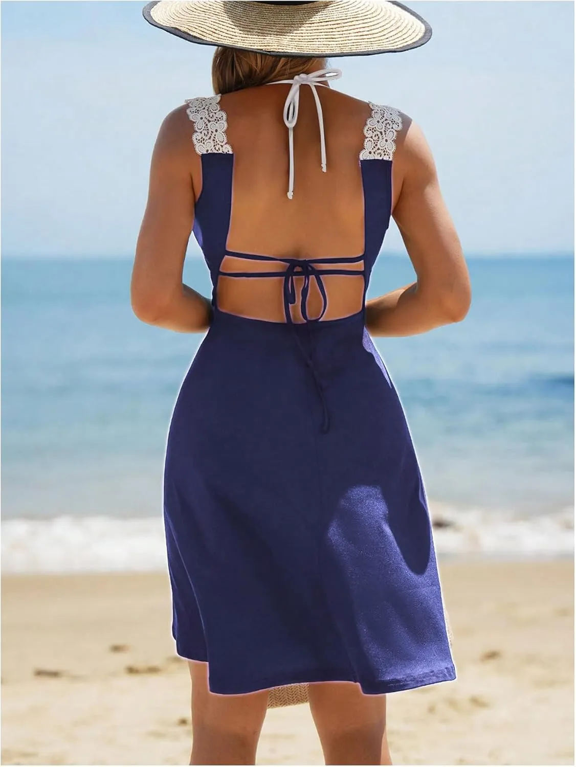 WDIRARA Women's Swimwear Wrap V Neck Criss Cross Tie Backless Cover Up Contrast Lace Sleeveless Halter Beach Dress