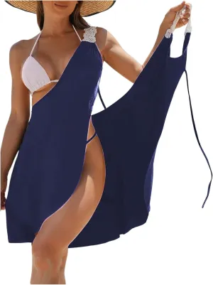 WDIRARA Women's Swimwear Wrap V Neck Criss Cross Tie Backless Cover Up Contrast Lace Sleeveless Halter Beach Dress