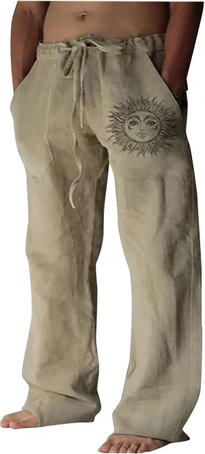 WENKOMG1 Mens Cotton Linen Pants,Wide Leg Drawstring Closure Pull On Trousers Loose Fit Baggy Lounge Wide Leg Bottoms