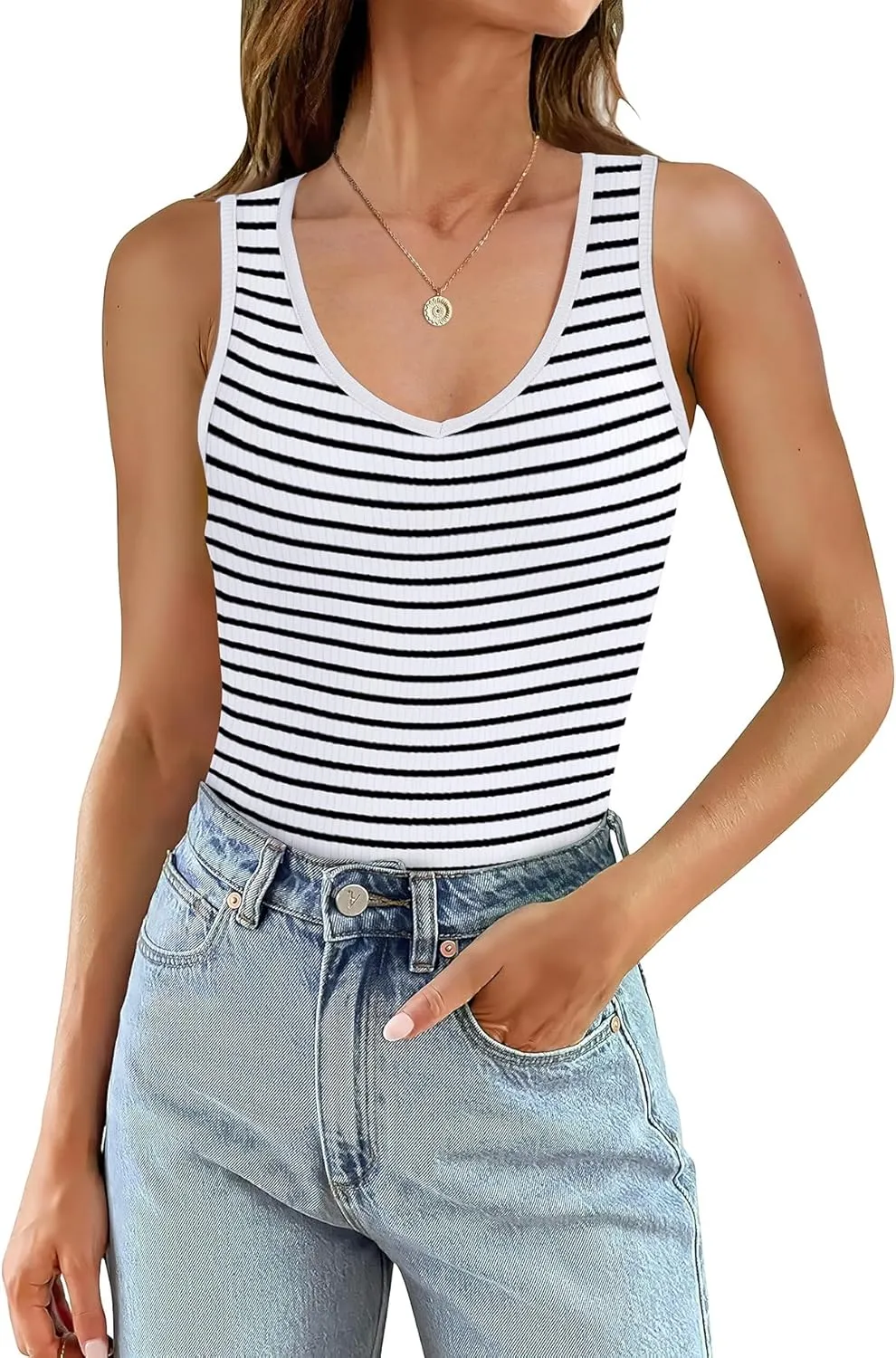 WIHOLL Womens Ribbed Tank Tops 2025 Summer V Neck Slim Fitted Tops Casual Basic Knit Sleeveless Shirts