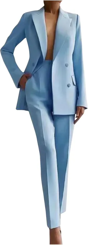 Women 2 Piece Outfits Double Breasted Blazer and Straight Leg Work Pants Casual Blazer Set Dressy Business Office Suits