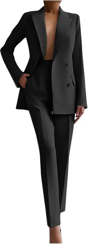 Women 2 Piece Outfits Double Breasted Blazer and Straight Leg Work Pants Casual Blazer Set Dressy Business Office Suits