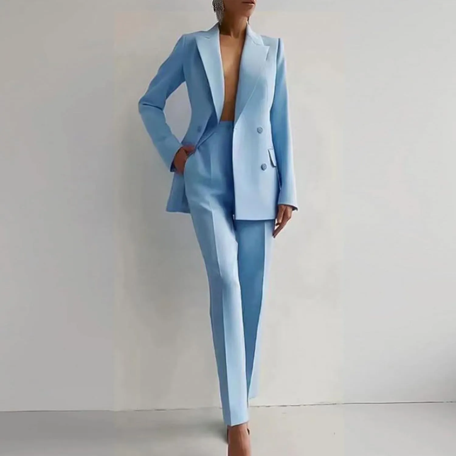 Women 2 Piece Outfits Double Breasted Blazer and Straight Leg Work Pants Casual Blazer Set Dressy Business Office Suits