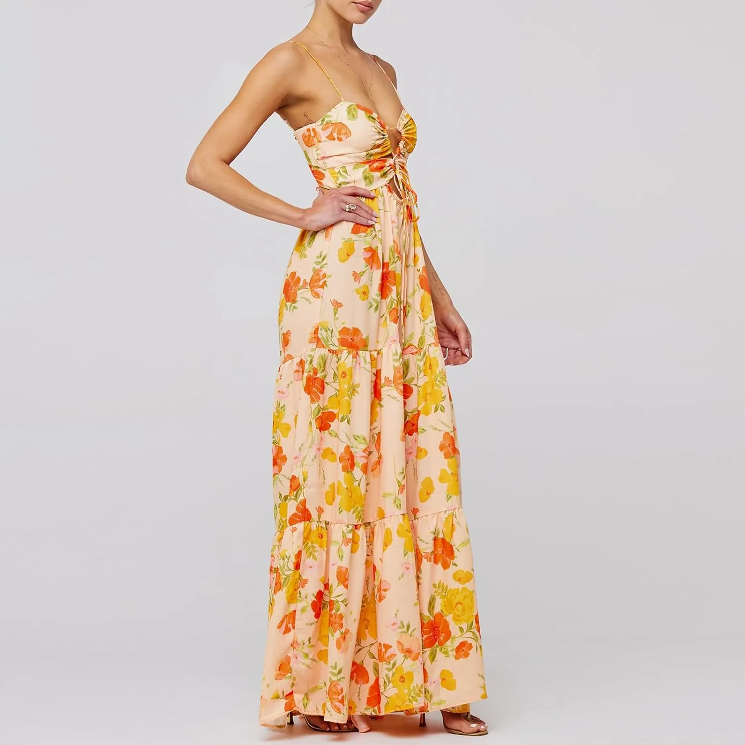 Women Boho Graphic Cami Maxi Dress Spaghetti Strap Flowy Long Beach Sun Dress Summer Vacation Floral Maxi Dress