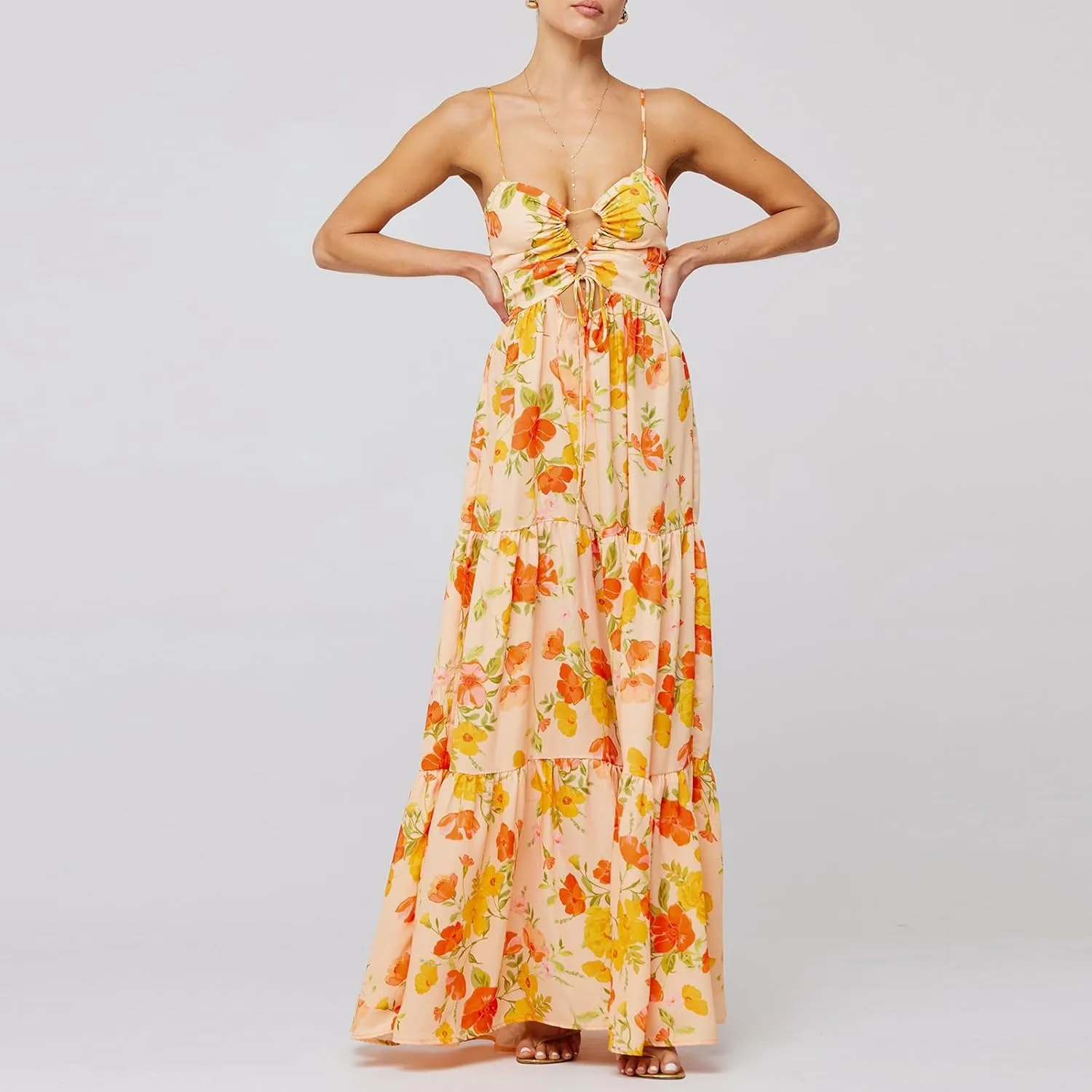 Women Boho Graphic Cami Maxi Dress Spaghetti Strap Flowy Long Beach Sun Dress Summer Vacation Floral Maxi Dress