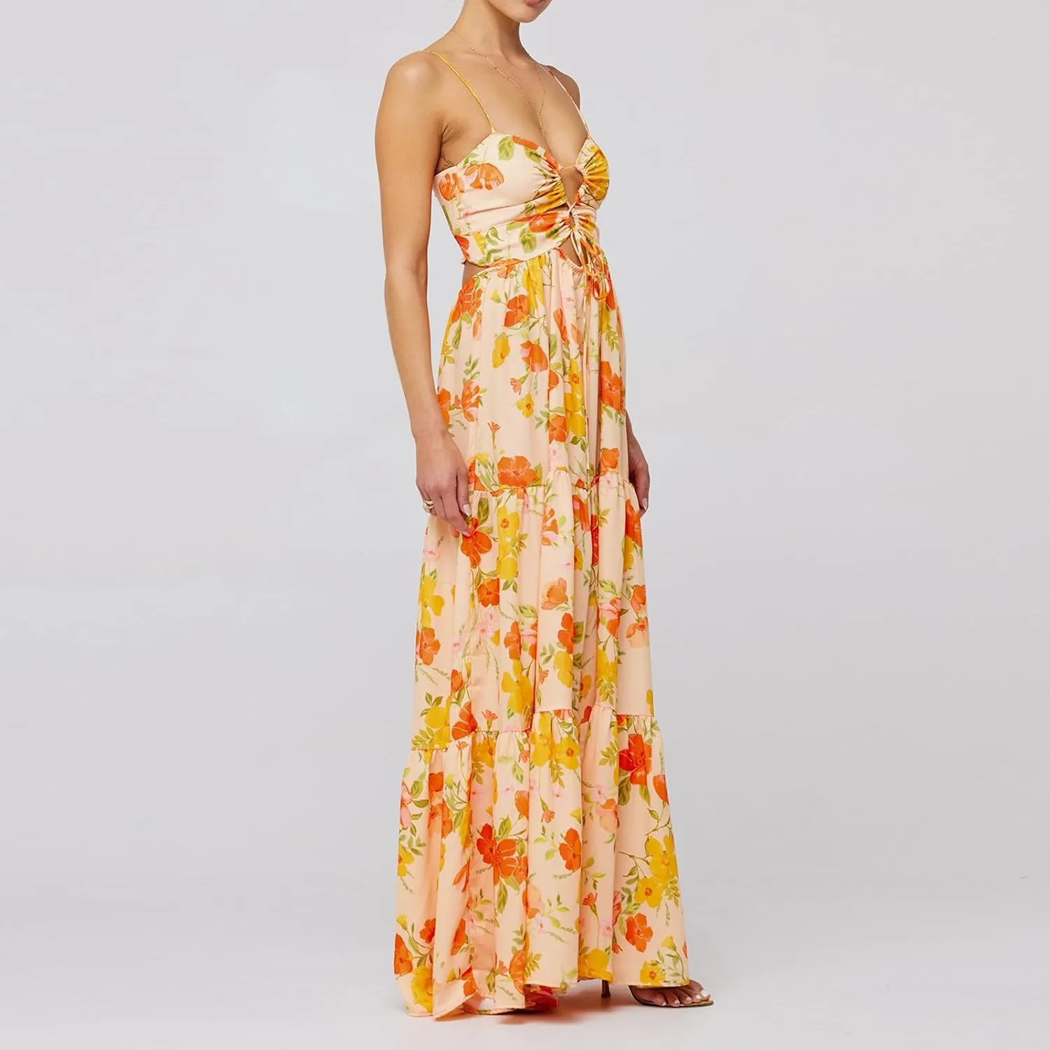 Women Boho Graphic Cami Maxi Dress Spaghetti Strap Flowy Long Beach Sun Dress Summer Vacation Floral Maxi Dress