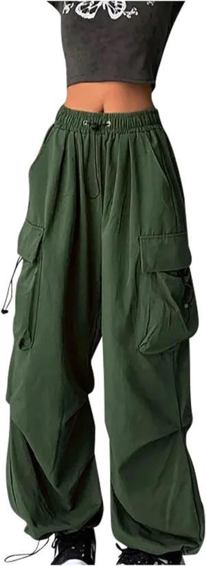 Women Cargo Pants Parachute Drawstring Elastic Waist Sweatpants Baggy Y2k Teen Girls Pants Loose Trousers with Pocket
