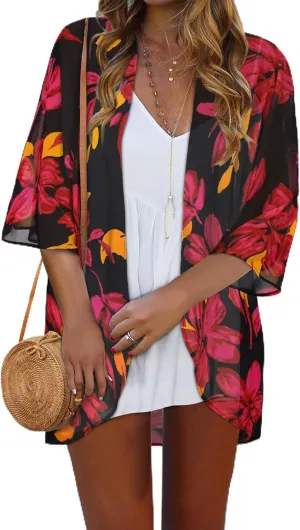 Women Kimono Cardigans Casual Summer Tops Cover up Open Front Floral Print Resort Wear