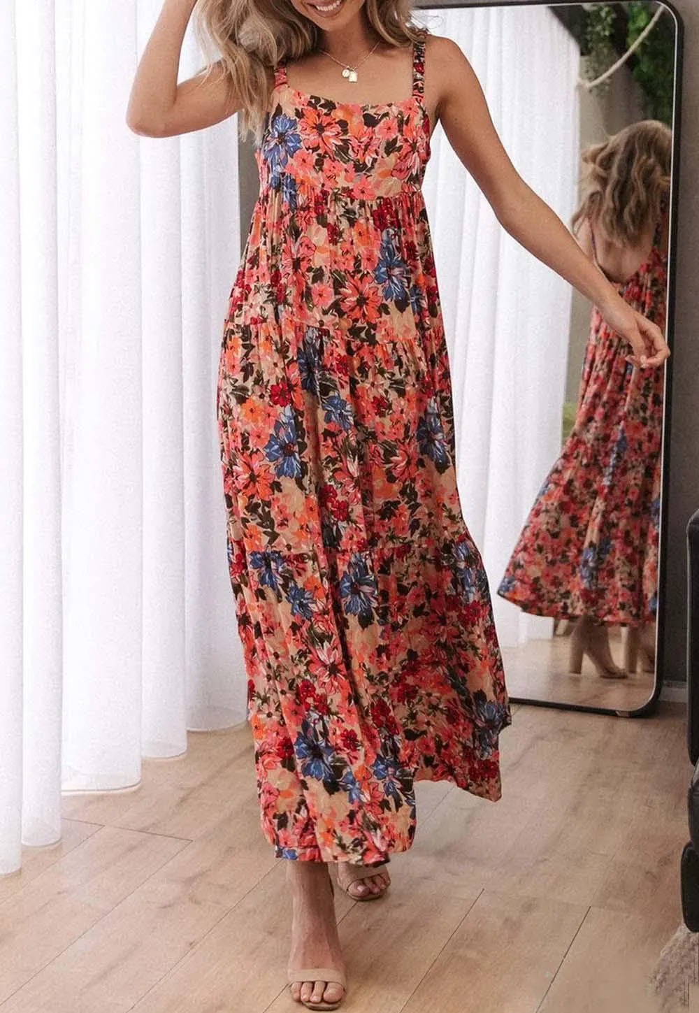 Women Vintage Spaghetti Strap Maxi Dress Floral Print Loose Cami Long Dress Boho Flowy Sundress